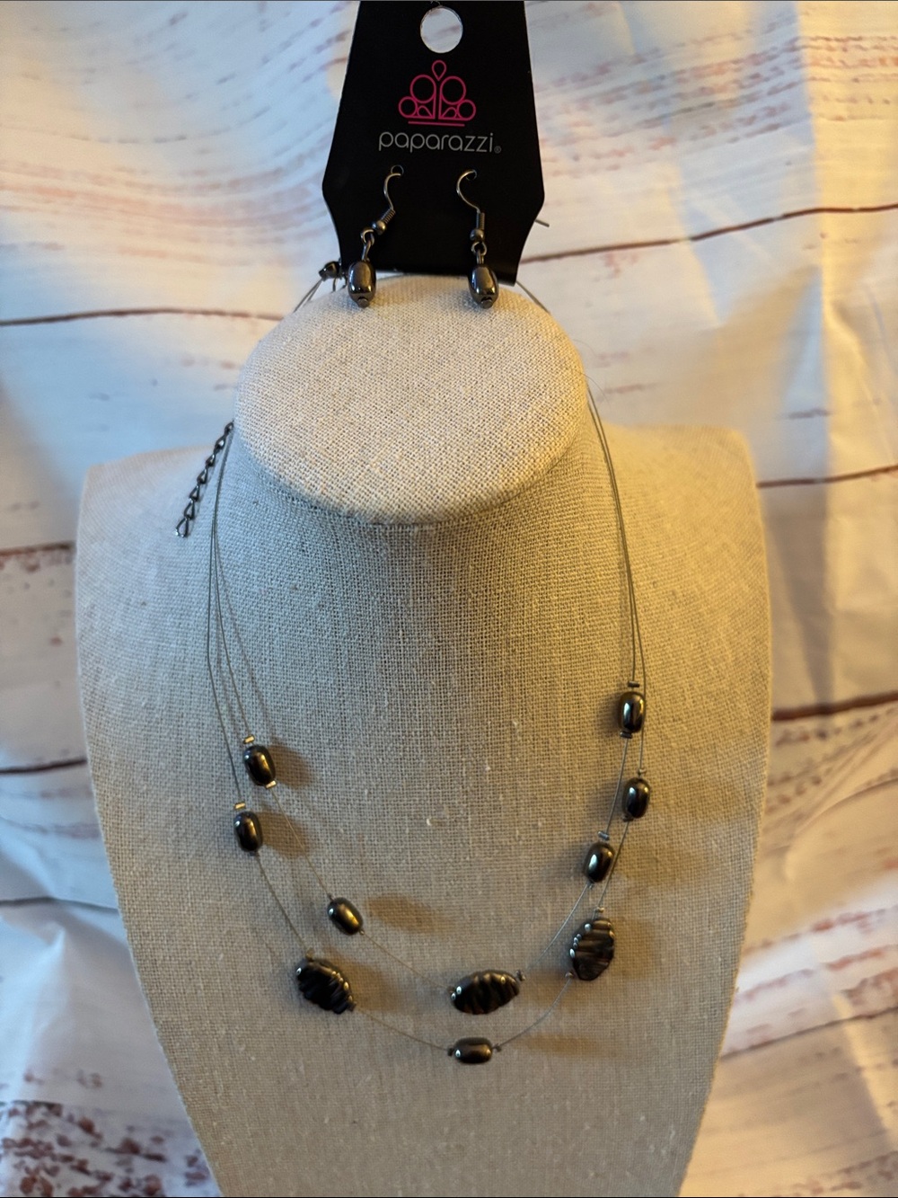 paparazzi Shimmering Hematite Multi-Strand Bead Necklace with Earrings